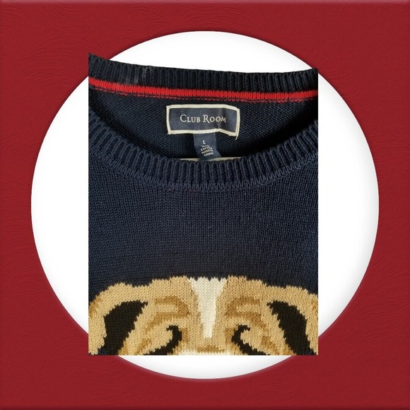 Club Room Pullover Dog Scarf Sweater Size L Blue BullDog Ski‎ Knit Cotton NWT - Picture 3 of 5